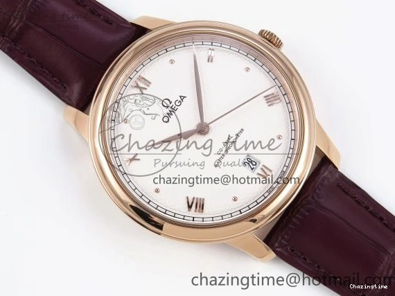 0203 Modern De Ville Date RG MKF 1:1 Best Edition White Textured Dial Roman Marker on Brown Leather Strap A 7752